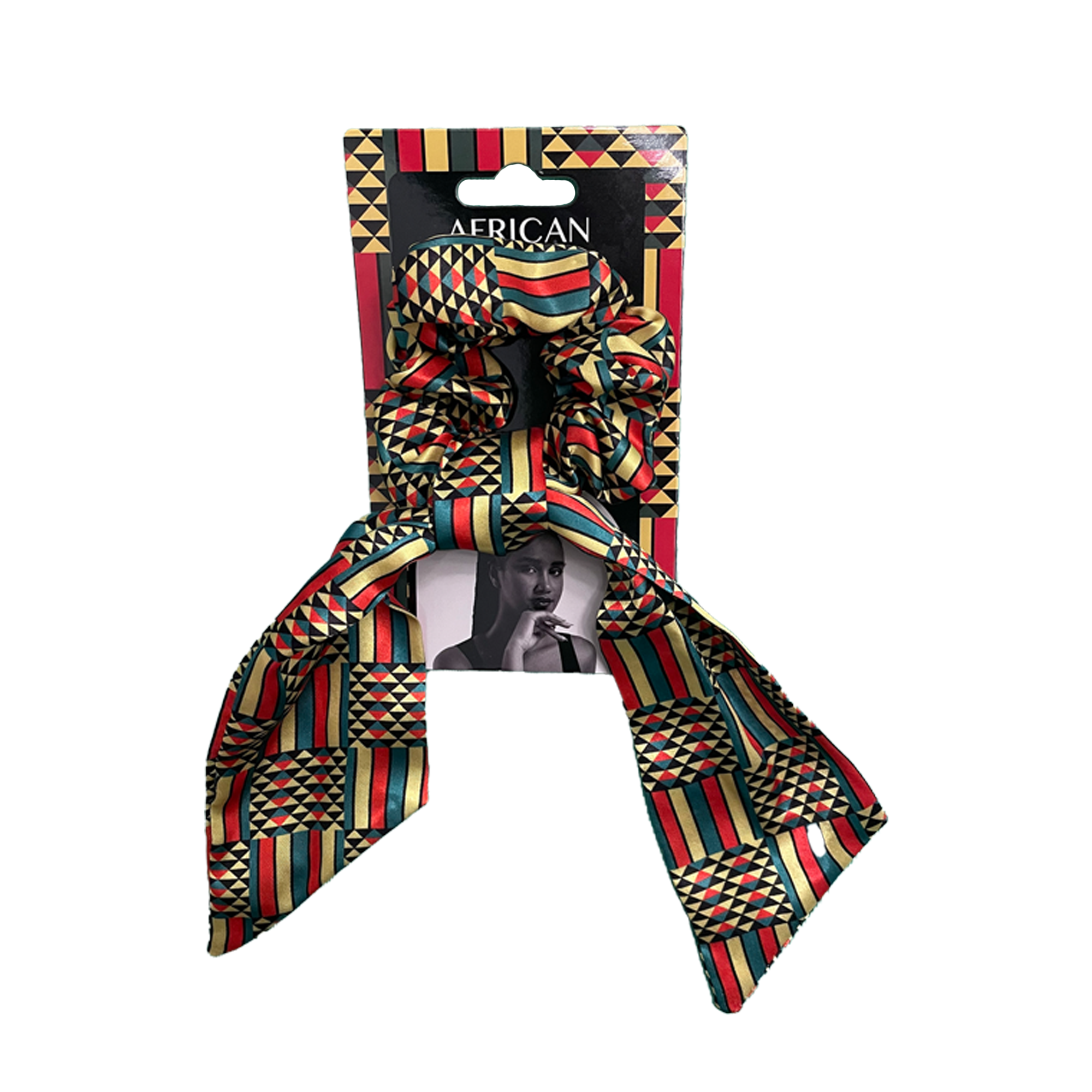 Vibrant African Maasai print bow scrunchie, bold African-inspired hair accessory with bow.