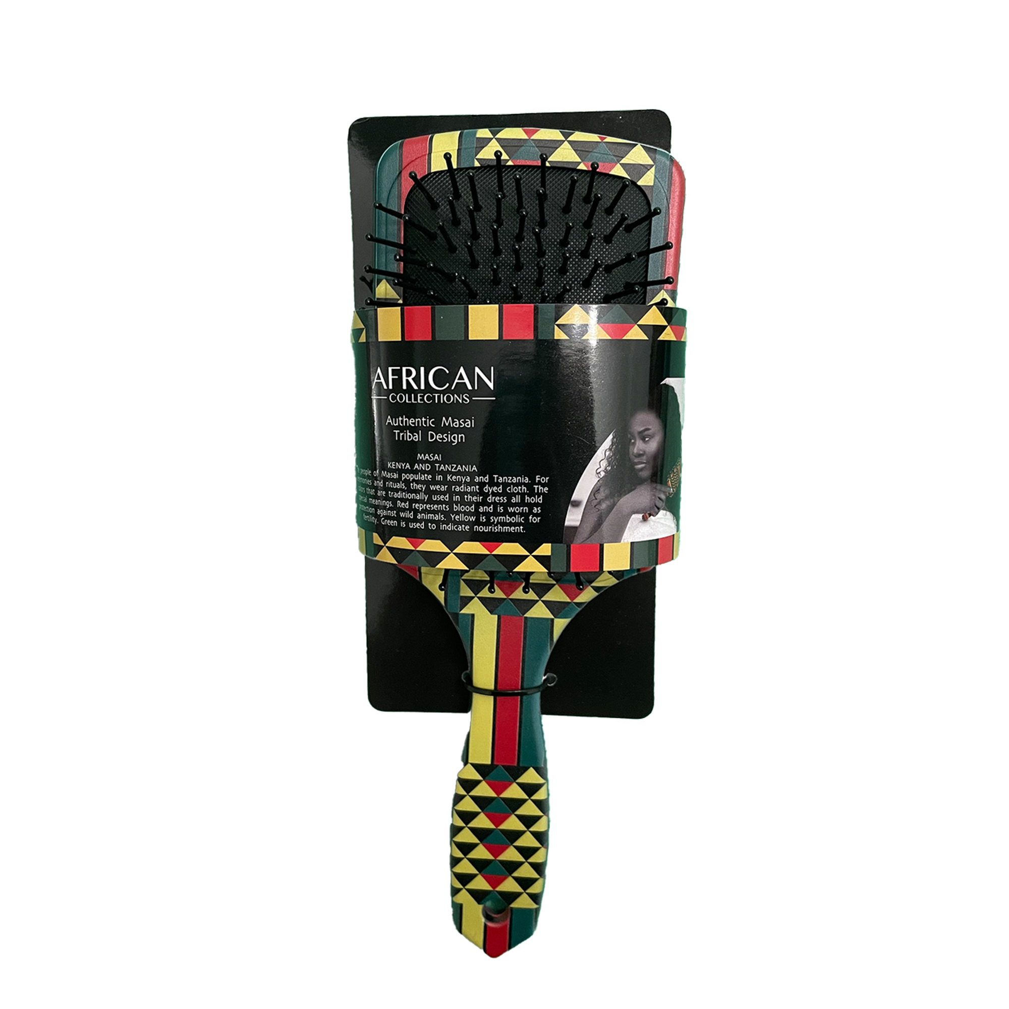 Colorful hairbrush with geometric design and packaging on a white background.