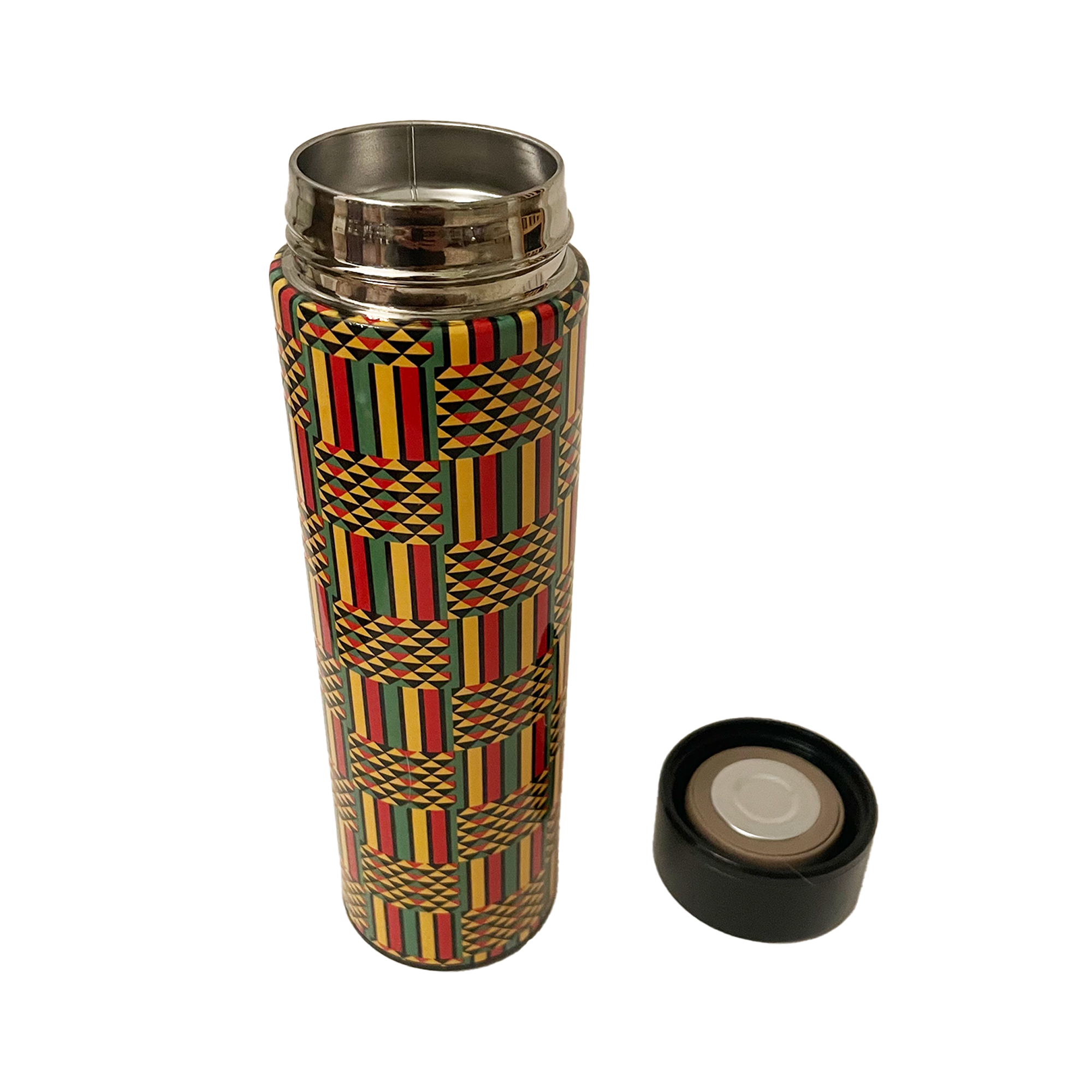 Vibrant African Maasai print water bottle showcasing bold color and cultural design.