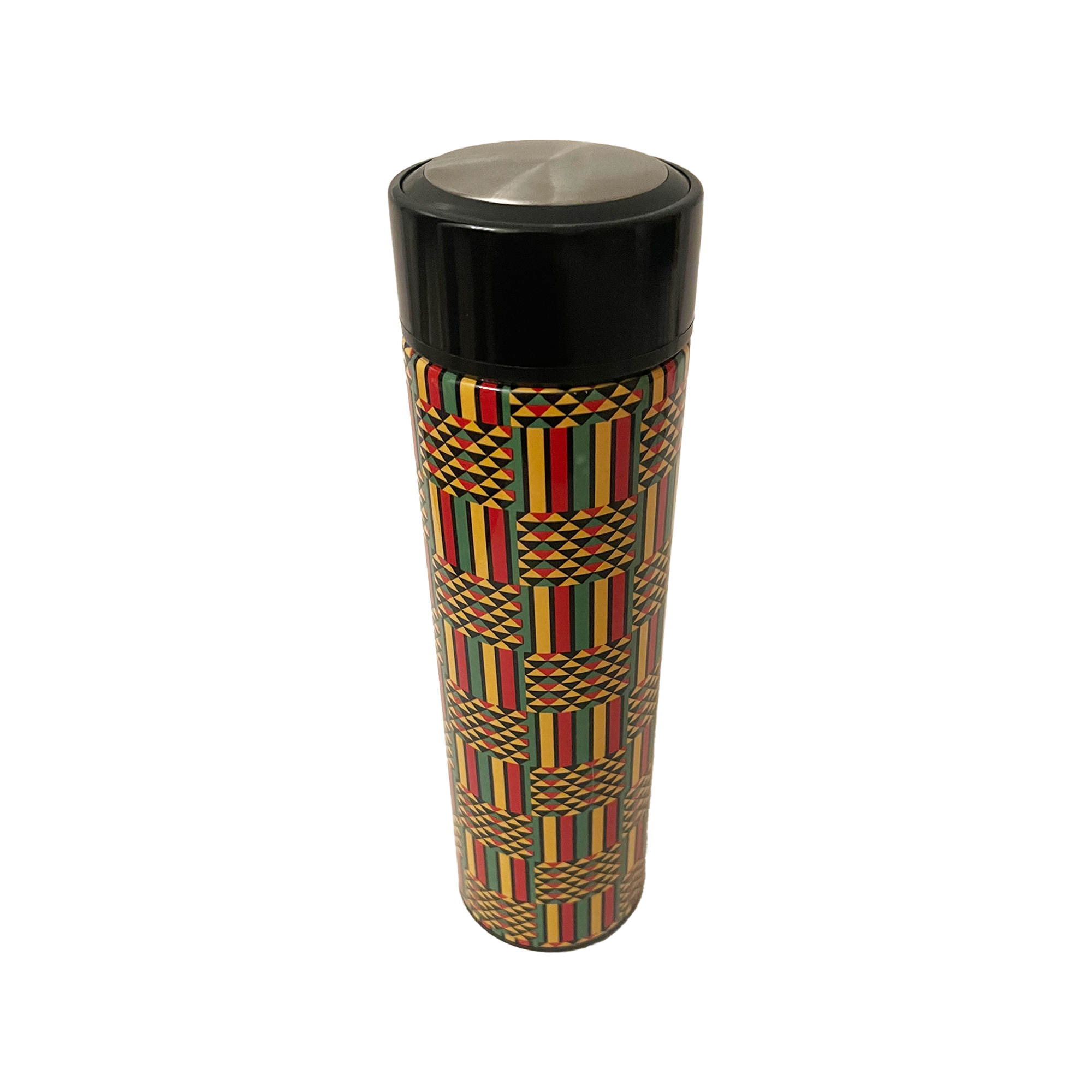 African Maasai print insulated stainless steel water bottle with traditional black, red, green and yellow pattern.