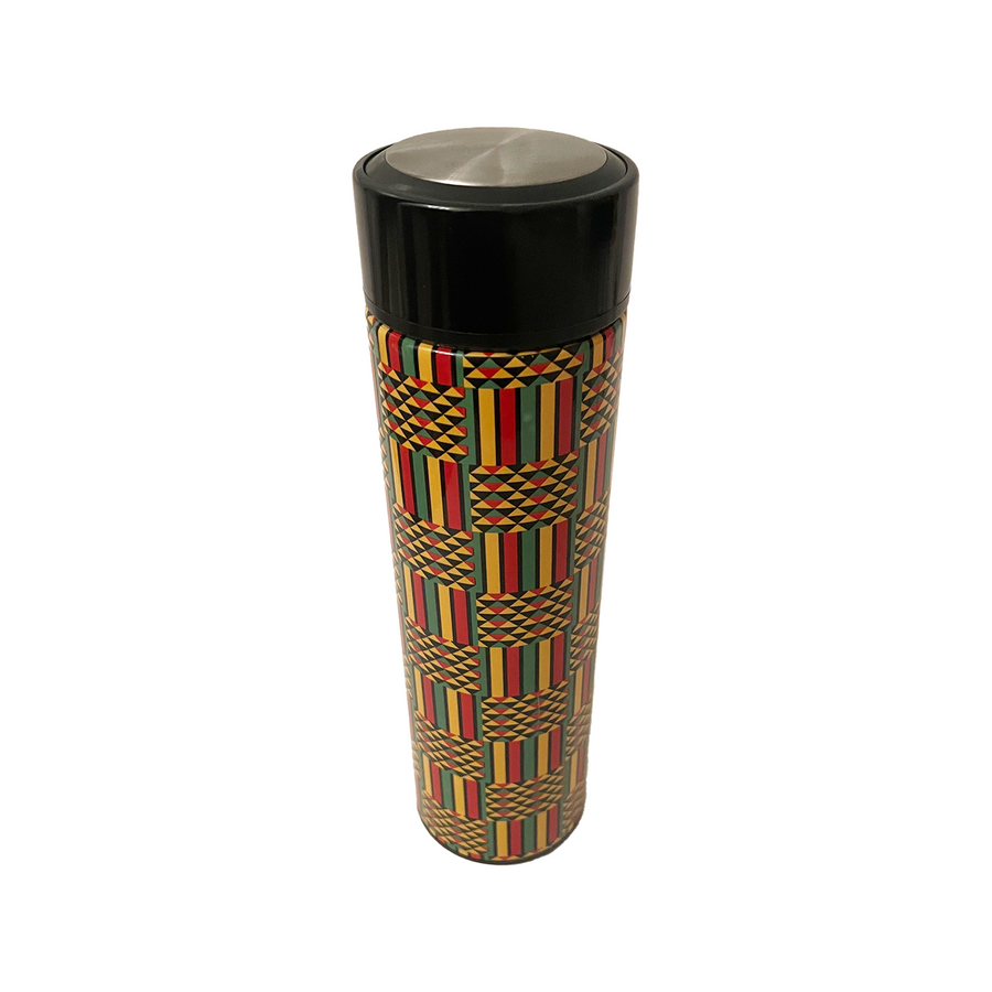African Maasai print insulated stainless steel water bottle with traditional black, red, green and yellow pattern.