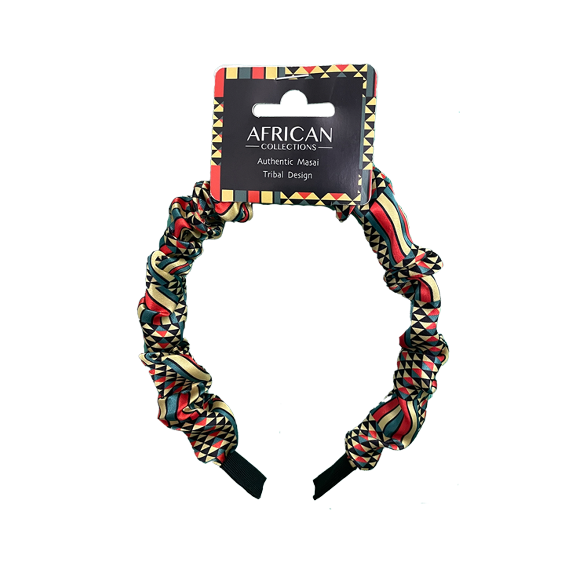 Vibrant African Maasai print ruched hair accessory featuring bright color and texture.