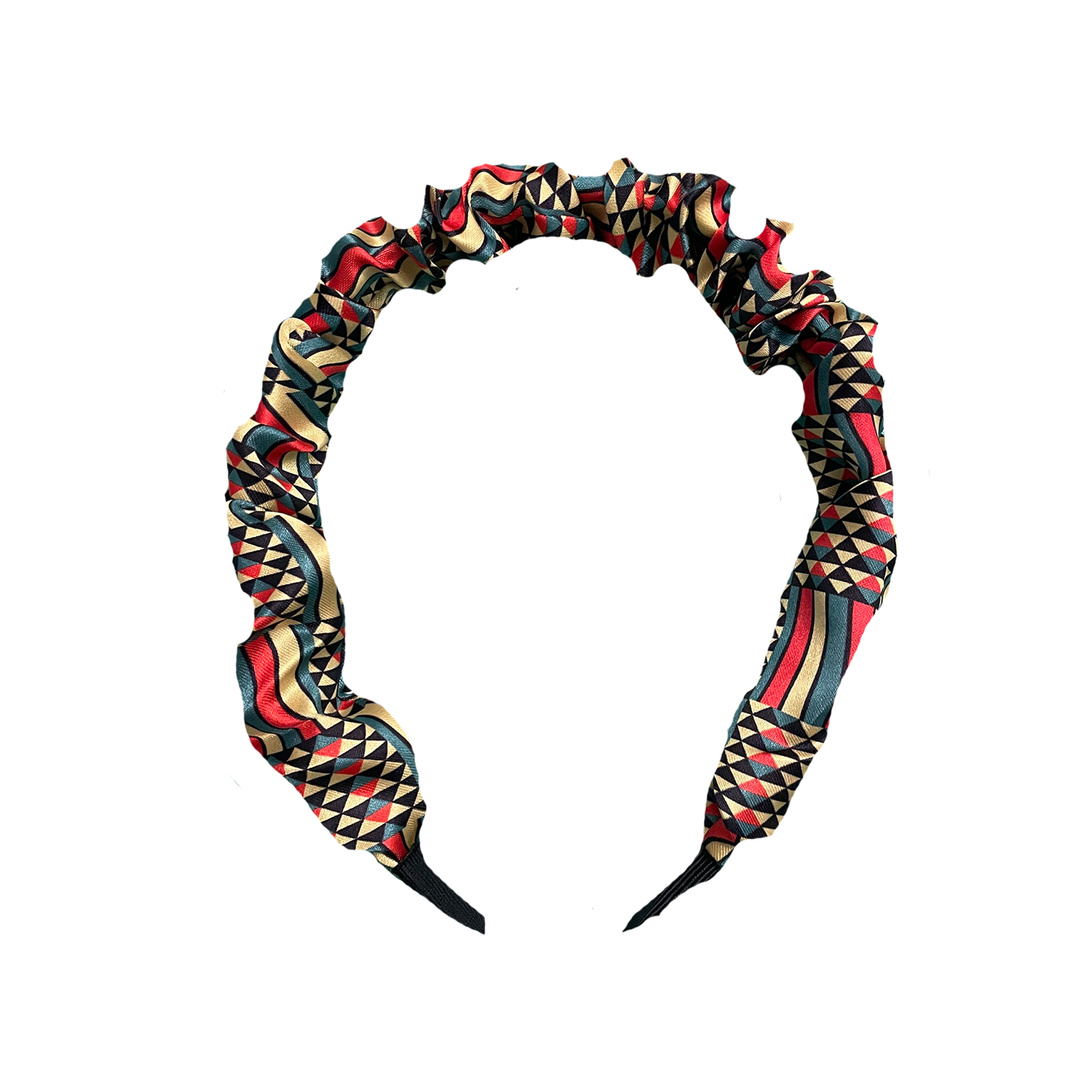 African Maasai print ruched headband with bold red and blue pattern and soft fabric design.