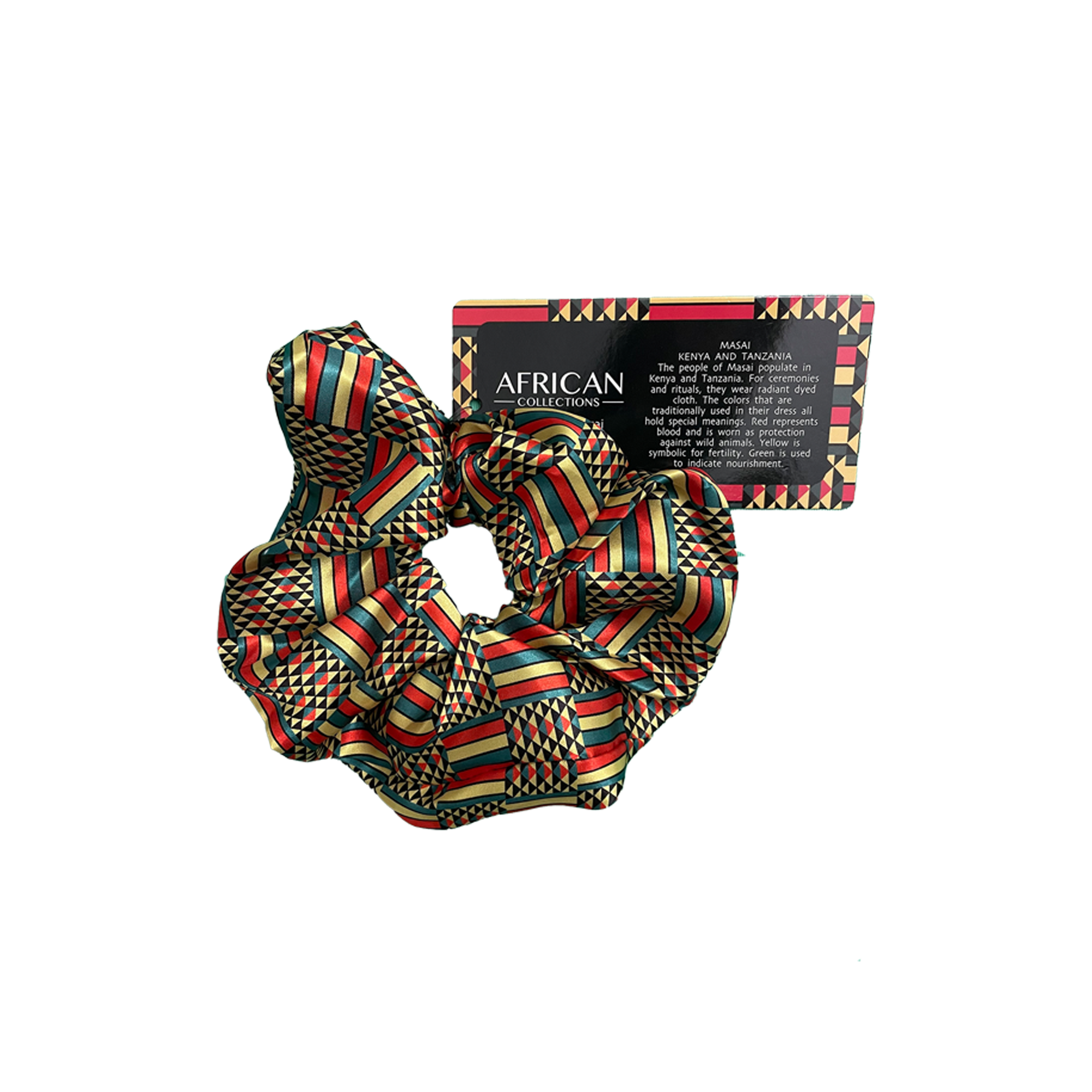 Vibrant African Maasai print scrunchie, bold African-inspired hair accessory.