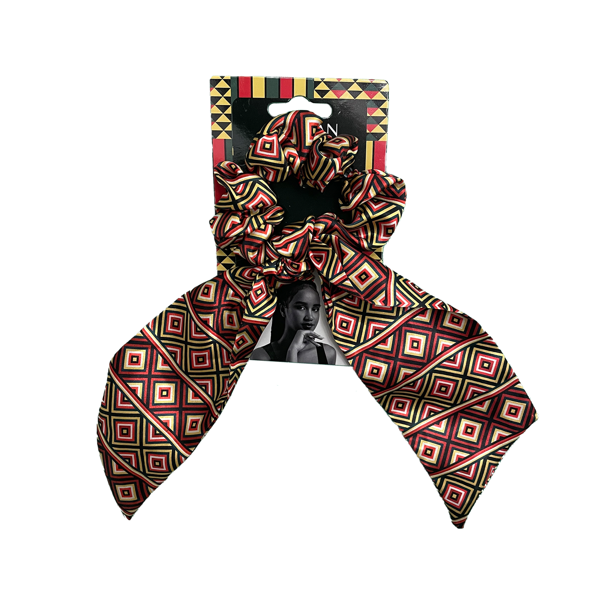Vibrant African Ndebele print hair accessory featuring soft fabric and geometric bow.