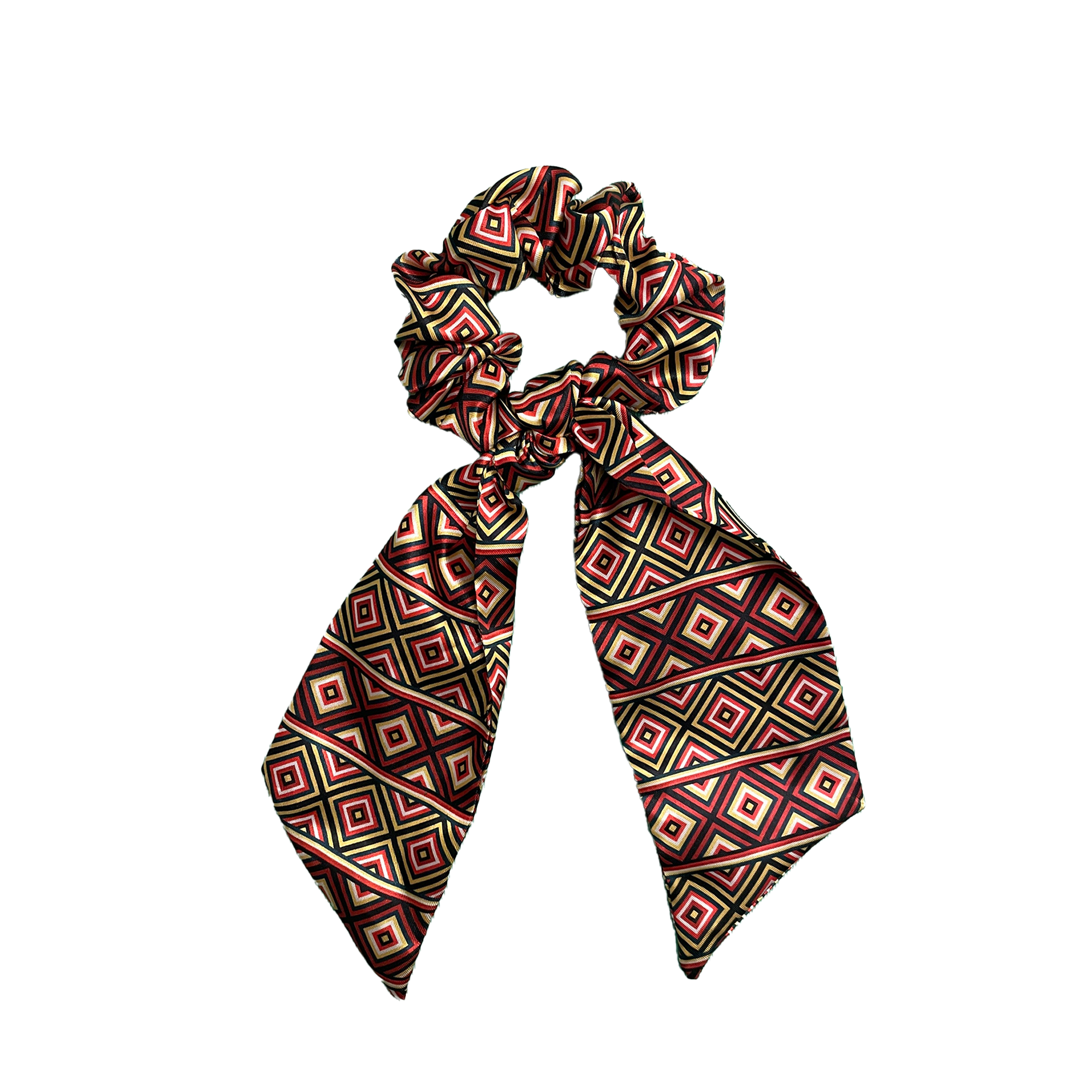 African Ndebele print bow scrunchie with bold geometric pattern and long tied bow.