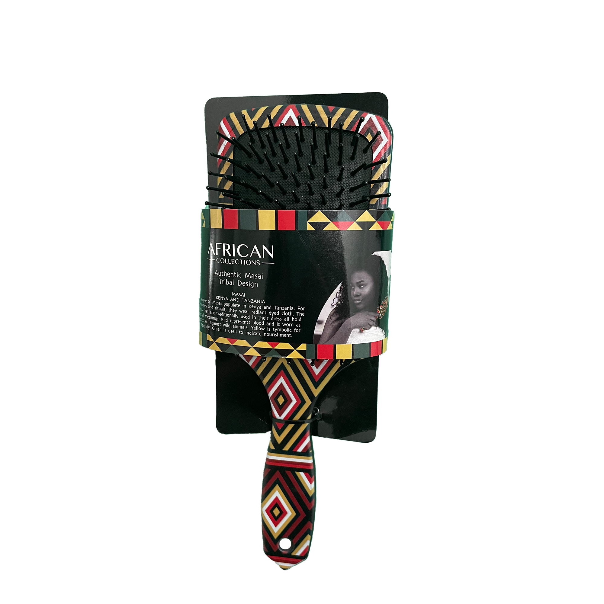 Hairbrush with decorative handle and packaging featuring an African design on a white background.