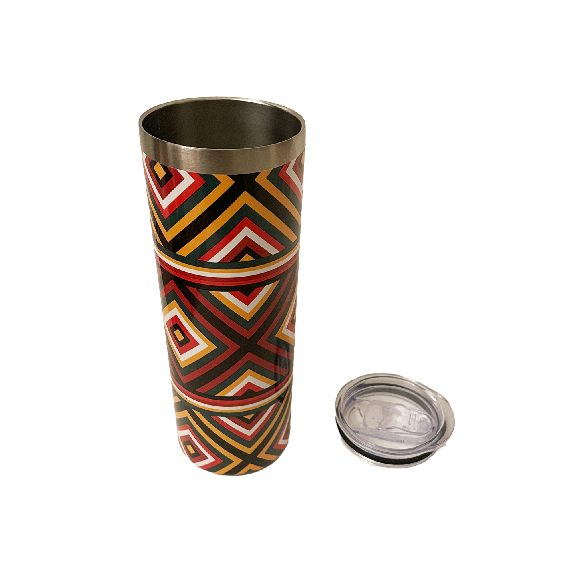 Vibrant African Ndebele print insulated water bottle featuring colorful tribal pattern.