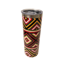 African Ndebele print insulated stainless steel water bottle with bold geometric design.