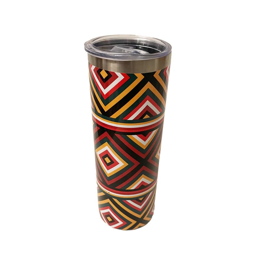 African Ndebele print insulated stainless steel water bottle with bold geometric design.