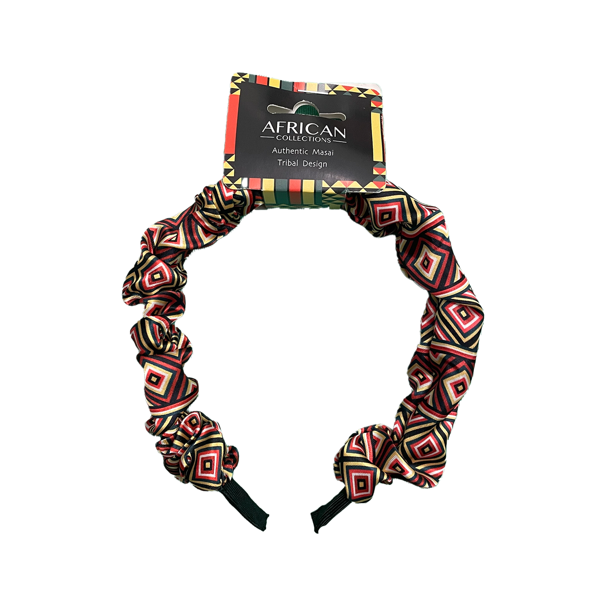 Vibrant African Ndebele print ruched headband, colorful geometric hair accessory.