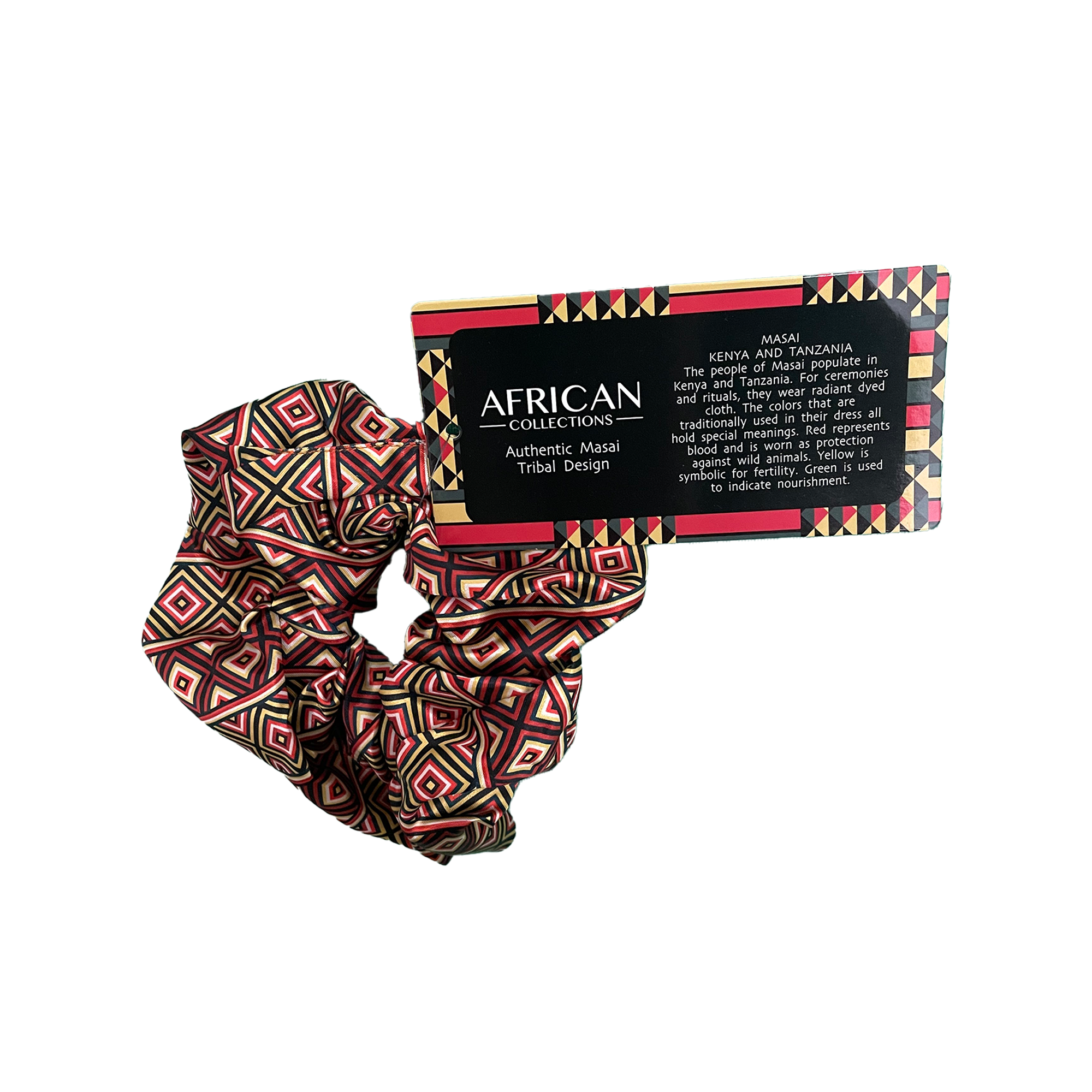 Vibrant African Ndebele print scrunchie, colorful geometric hair accessory.