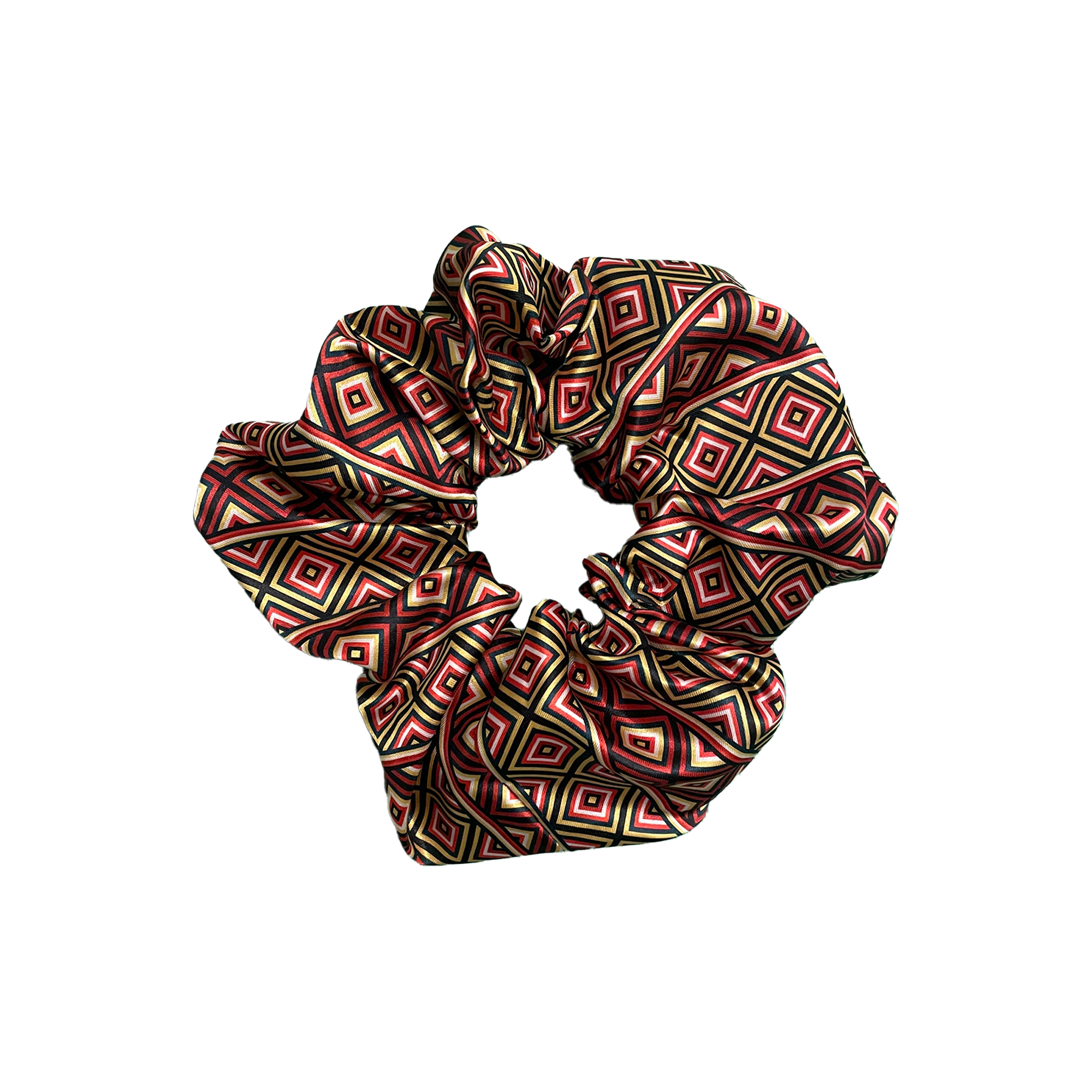 African Ndebele print scrunchie with bold geometric pattern and soft fabric design.