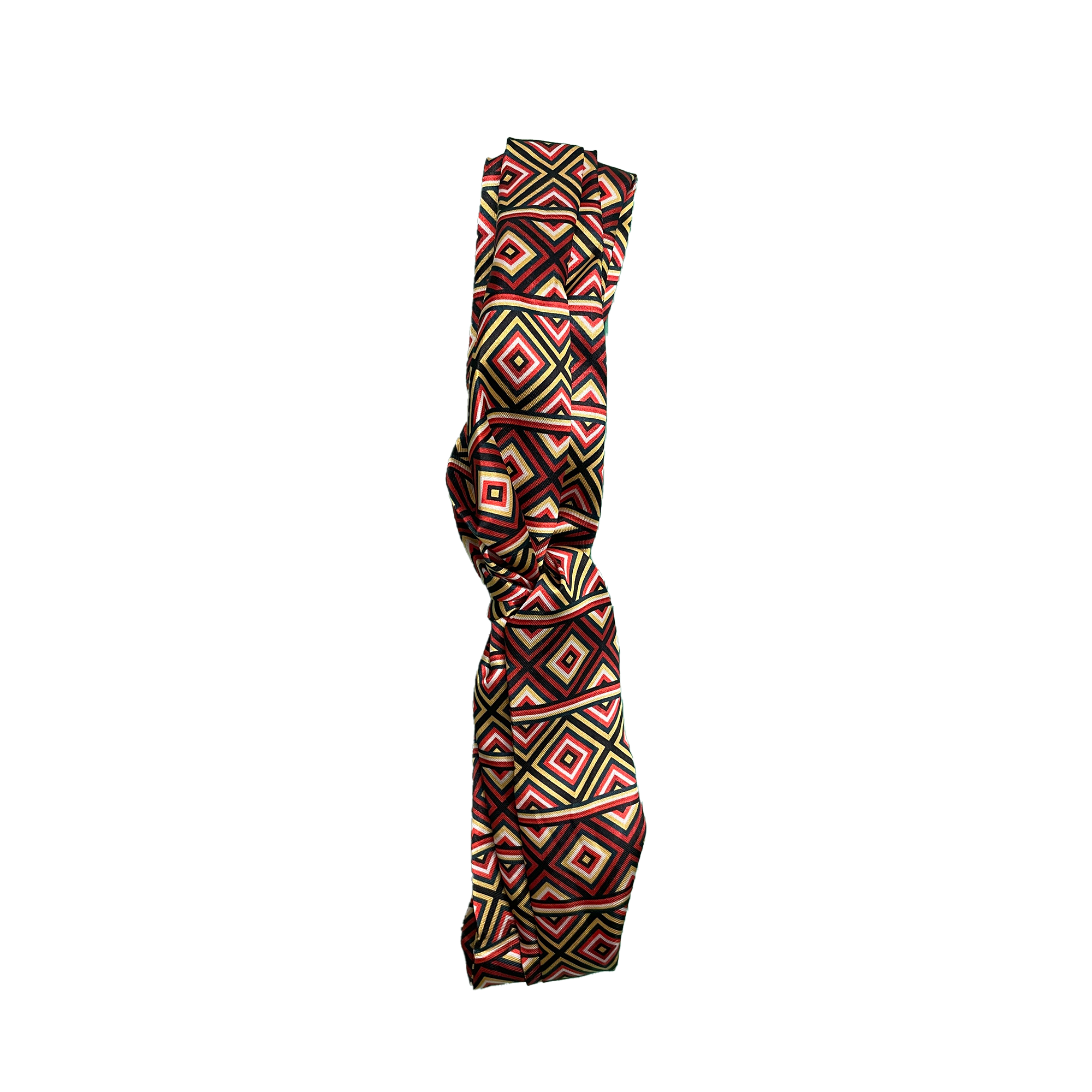 African Ndebele print twist front headband with bold geometric design and soft stretch fabric.