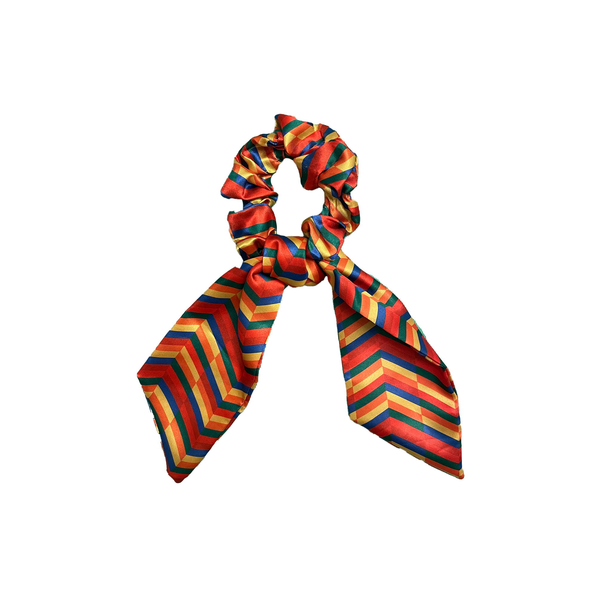 African Samburu print bow scrunchie with bright tribal pattern and long fabric bow detail.