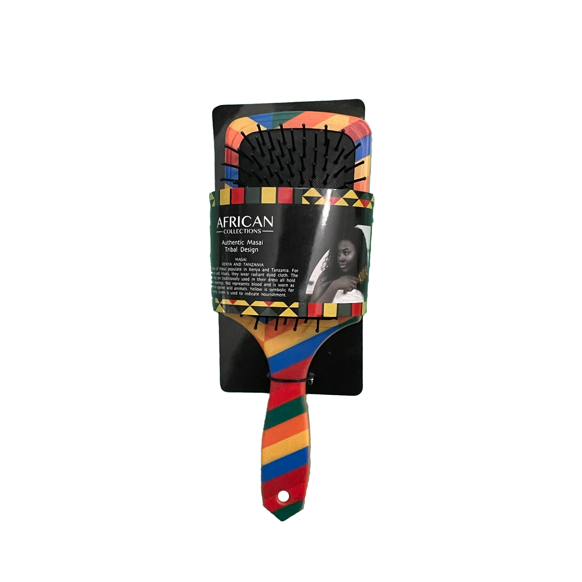 Hairbrush with colorful African printed handle and packaging on a white background.