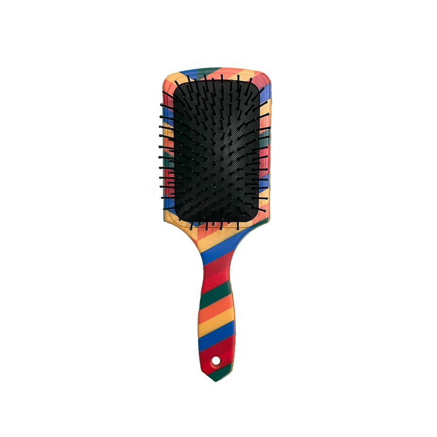 African Samburu print hair brush with bright tribal pattern and smooth plastic handle.