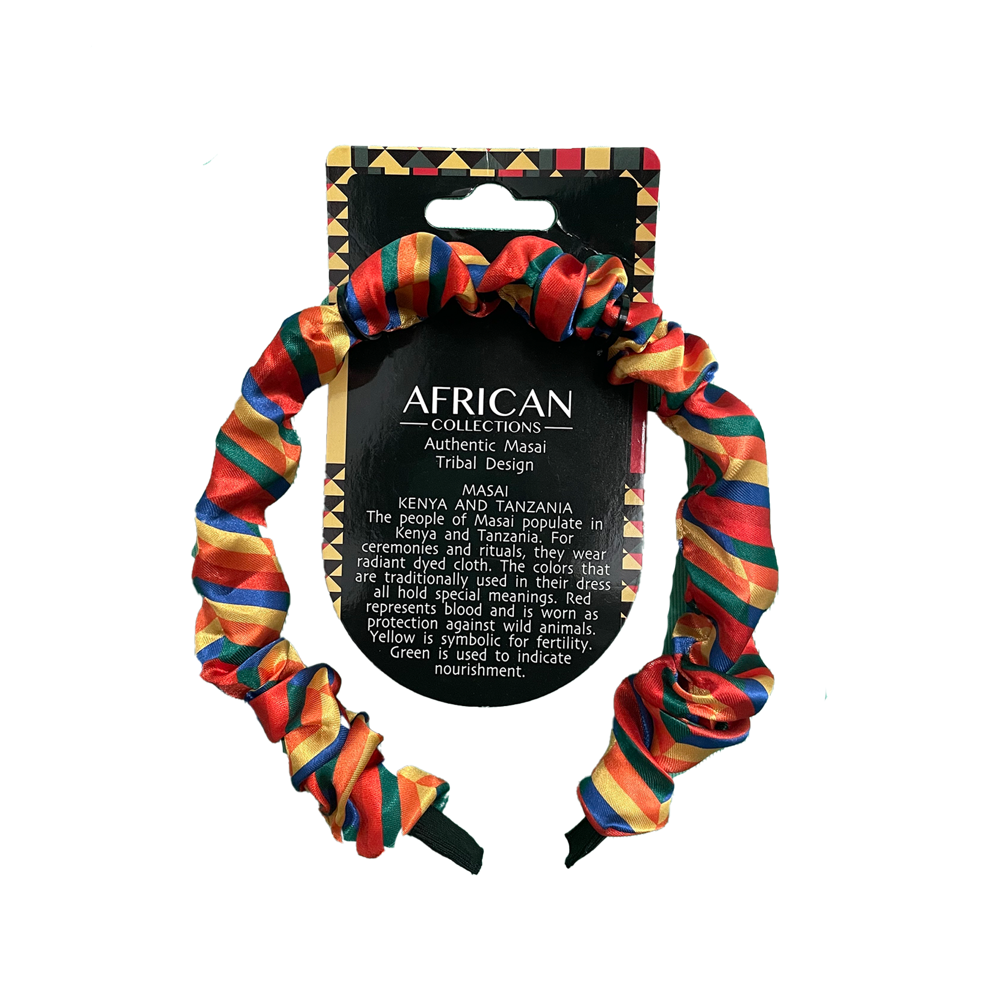 Vibrant African Samburu print hair accessory featuring colorful tribal pattern.