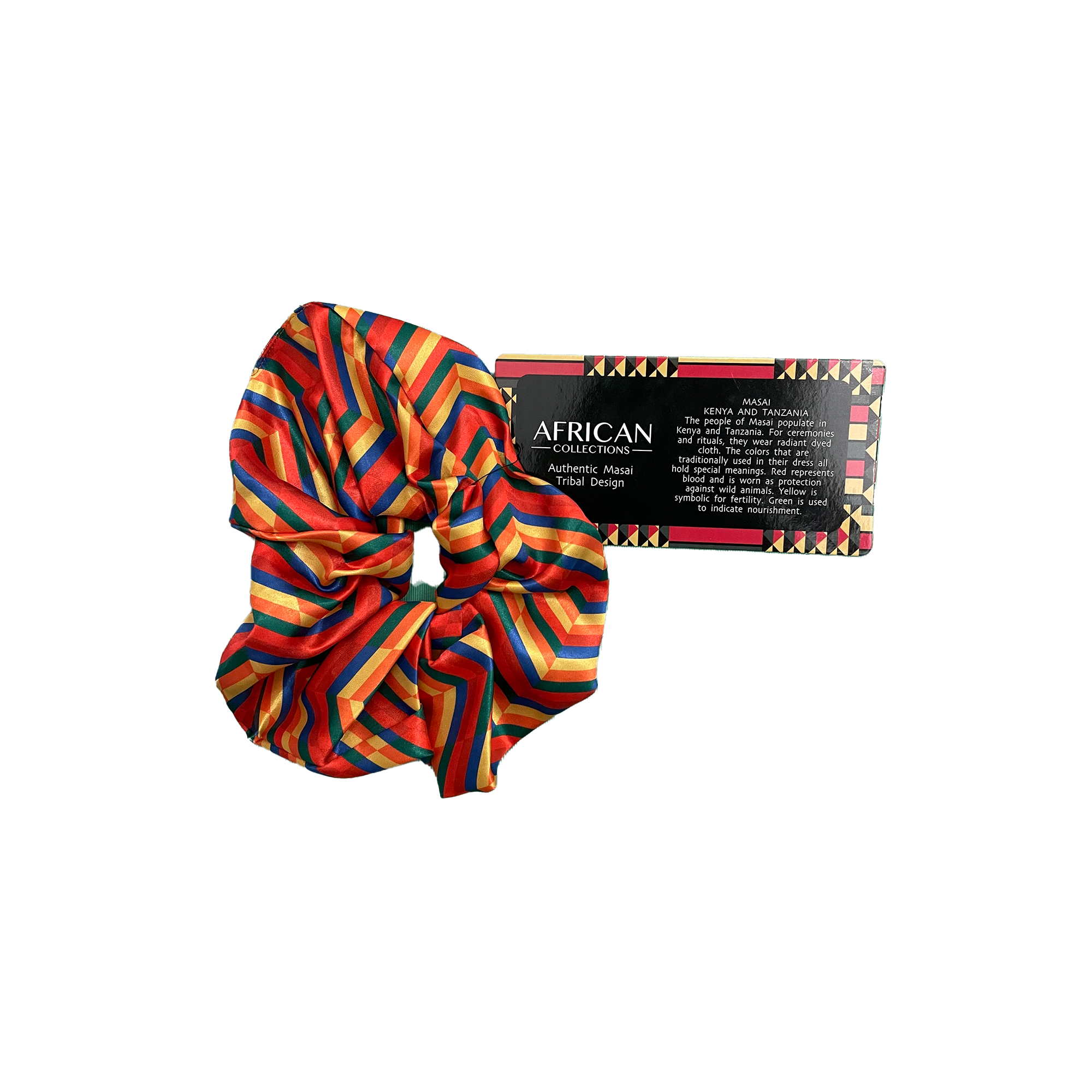 Vibrant African Samburu print scrunchie, colorful tribal print hair accessory.