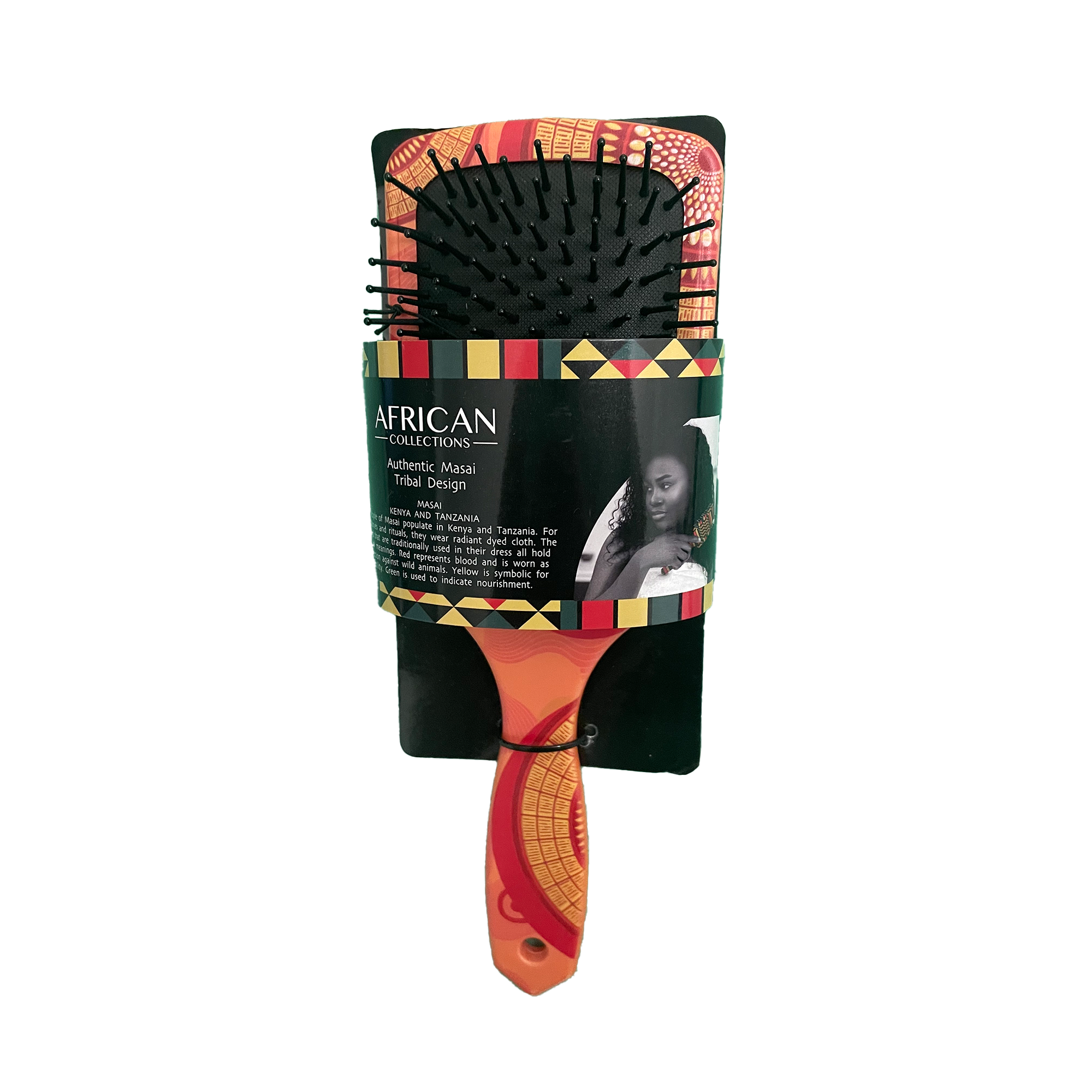 African-themed hairbrush with decorative handle on a white background.