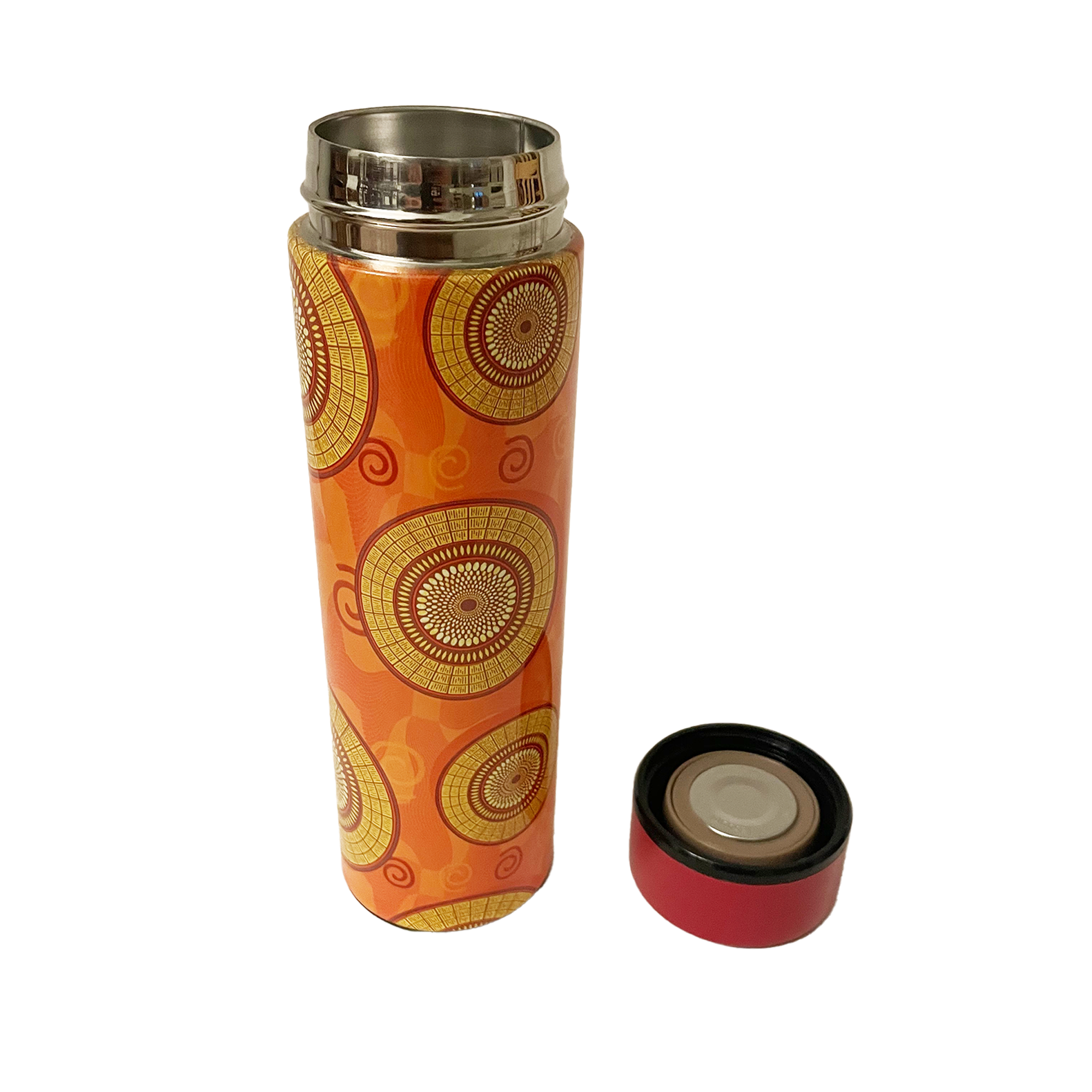 Vibrant African Zulu print water bottle with colorful cultural design and stainless finish.