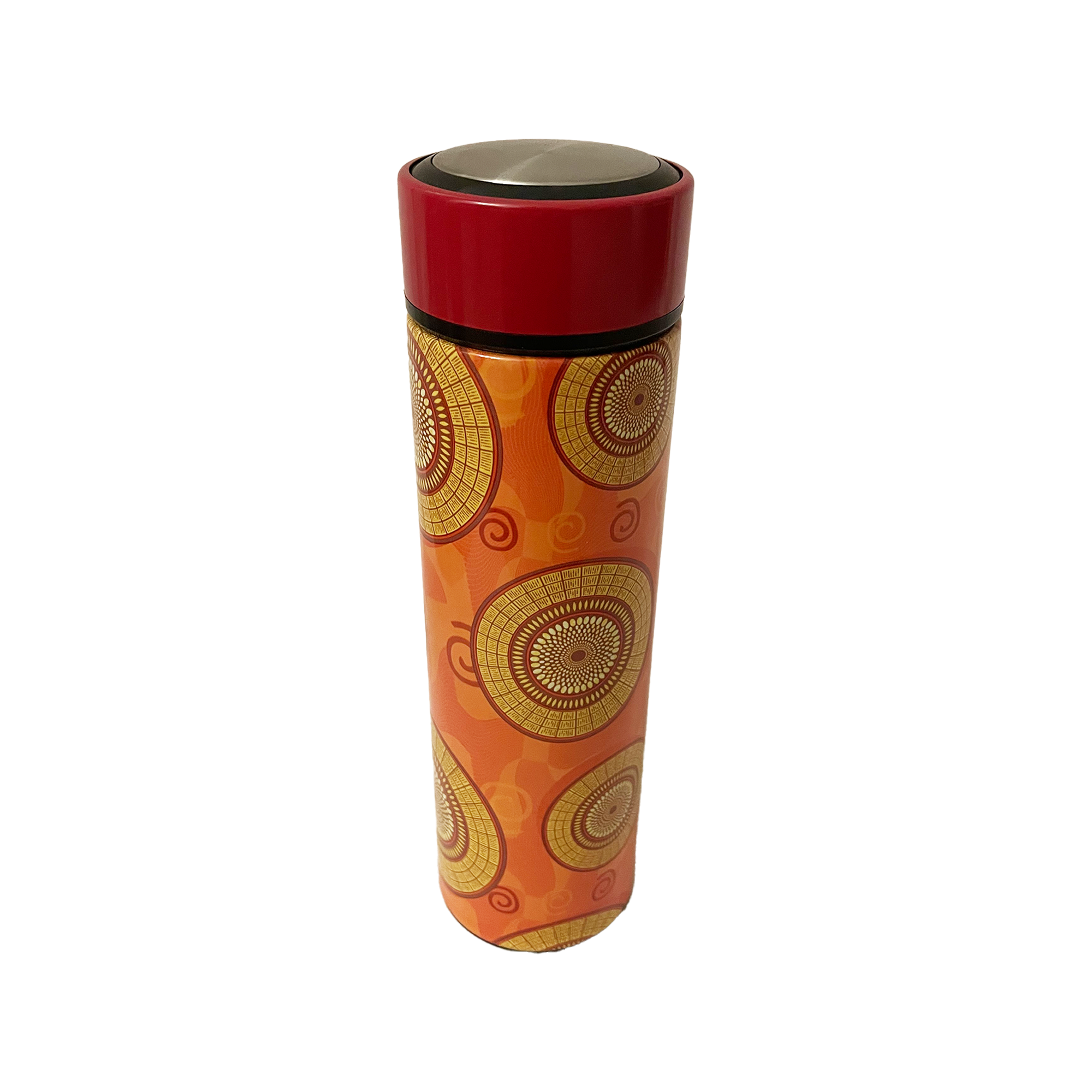 African Zulu print insulated stainless steel water bottle with beadwork-inspired pattern.