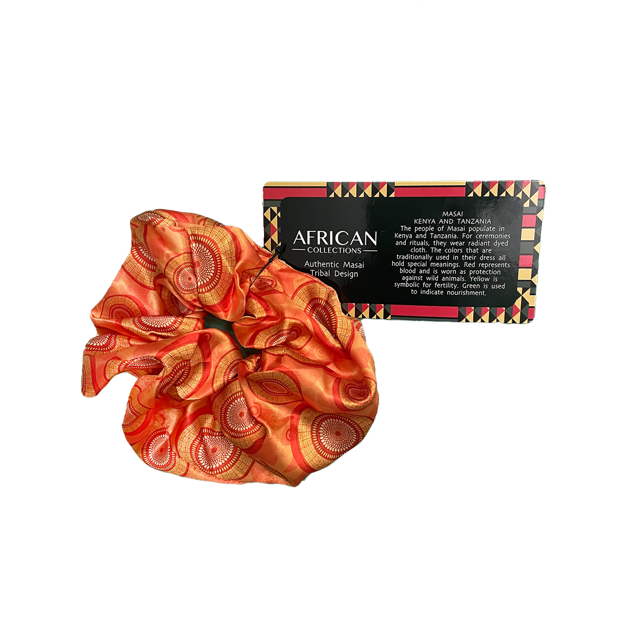Vibrant African Zulu print scrunchie, bright African design hair accessory.